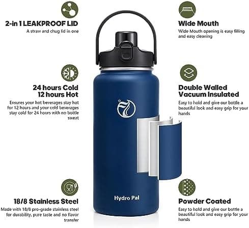 HydroPal Trinkflasche Edelstahl - 1900ml mit Henkel für Fitness, BPA-Frei, flasche Metall, Aesthetic trinkflasche Mitter