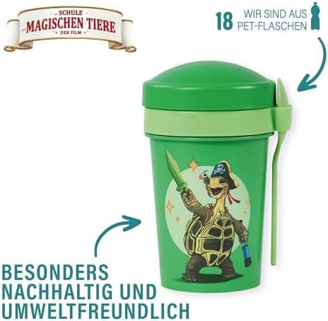 AWAVE Müslibecher To Go - Magische Tiere Schule 540 ml rPET Grün Henrietta, Joghurt-Früchte-Suppe Becher mit Löffel, Aus
