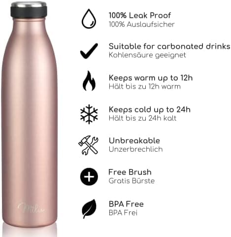 Milu Edelstahl Trinkflasche für Erwachsene – 750ml Isolierflasche zum Tragen – auslaufsicher, Kohlensäuregerecht inkl. R