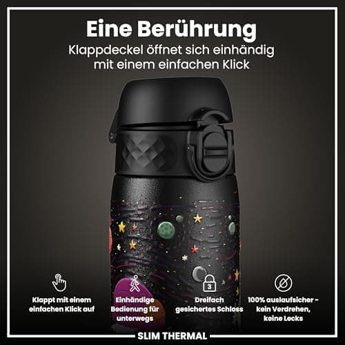 ion8 Leicht Stahl-Trinkflasche, 600 ml, Auslaufsicher, EineHandöffnung, Verriegelungsfunktion, Spülmaschinenfest, Klappd