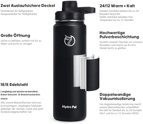 HydroPal Edelstahl Trinkflasche - Isolierte Flasche mit Strohhalm & 2 Deckeln, Auslaufsichere Isolierung für Sport, 500m