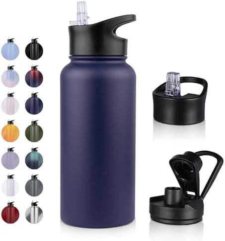 Edelstahl Trinkflasche - 1L - mit Strohhalm, BPA frei Thermosflasche,Vakuum Doppelwandisolierung für Sport,Schule und Fa