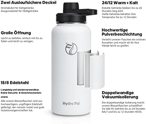 HydroPal Edelstahl Trinkflasche - Isolierte Flasche mit Strohhalm & 2 Deckeln, Auslaufsichere Isolierung für Sport, 500m