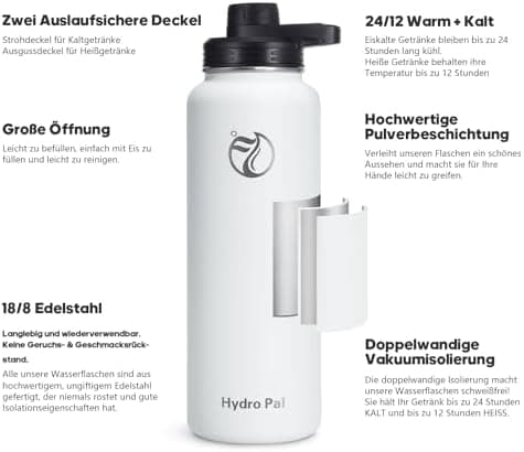 HydroPal Edelstahl Trinkflasche - Isolierte Flasche mit Strohhalm & 2 Deckeln, Auslaufsichere Isolierung für Sport, 500m