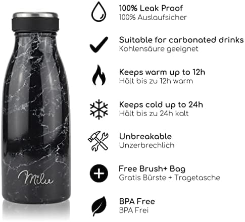Milu Edelstahl Trinkflasche für Erwachsene – 750ml Isolierflasche zum Tragen – auslaufsicher, Kohlensäuregerecht inkl. R