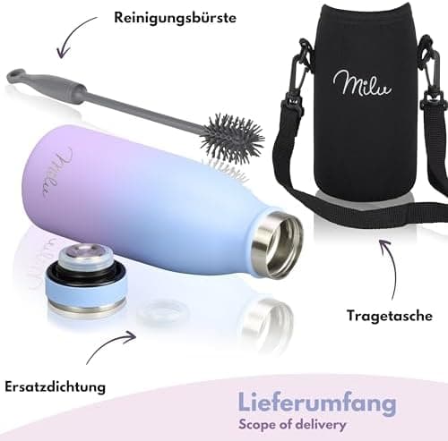 Milu Edelstahl Trinkflasche für Erwachsene – 750ml Isolierflasche zum Tragen – auslaufsicher, Kohlensäuregerecht inkl. R