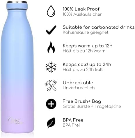 Milu Edelstahl Trinkflasche für Erwachsene – 750ml Isolierflasche zum Tragen – auslaufsicher, Kohlensäuregerecht inkl. R