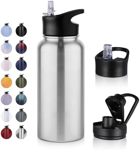 Edelstahl Trinkflasche - 1L - mit Strohhalm, BPA frei Thermosflasche,Vakuum Doppelwandisolierung für Sport,Schule und Fa