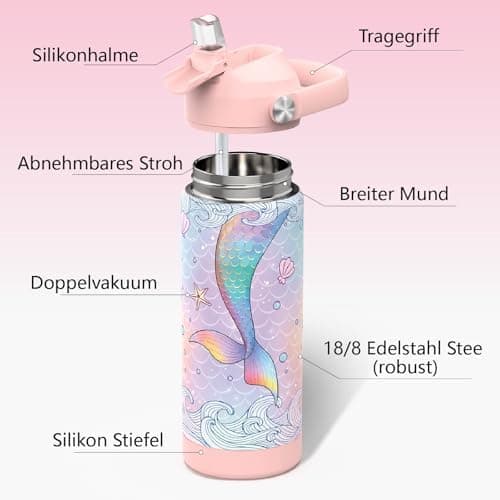 Edelstahl Trinkflasche Meeresjungfrau 550ml BPA Frei Auslaufsicher Thermosflaschefür Kinder und Erwachsene - Sport, Schu