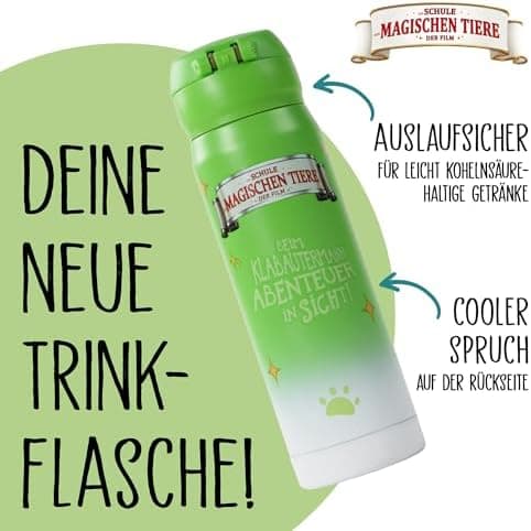 AWAVE Schule Magische Tiere Trinkflasche Kinder Edelstahl 380ml Blau Kohlensäure geeignet Thermosflasche Juri Einhandöff