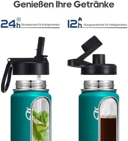 HydroPal Edelstahl Trinkflasche - Isolierte Flasche mit Strohhalm & 2 Deckeln, Auslaufsichere Isolierung für Sport, 500m