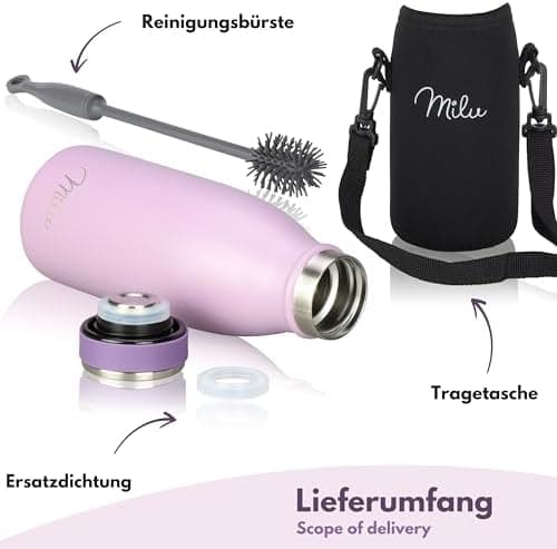 Milu Edelstahl Trinkflasche für Erwachsene – 750ml Isolierflasche zum Tragen – auslaufsicher, Kohlensäuregerecht inkl. R