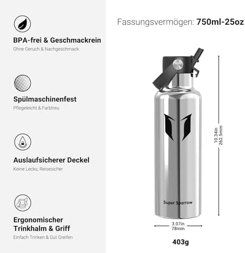 Super Sparrow Thermobecher für Sport und Outdoor - 500ml, 750ml - BPA-Frei, ClimatePartner certified - FlipFlow Trinkfla