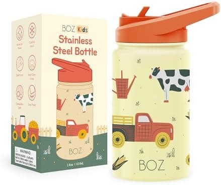 BOZ Isolierte Wasserflasche für Kinder | Edelstahl, doppelwandig, 414 ml | Praktisch und bequem mit Strohhalm-Deckel