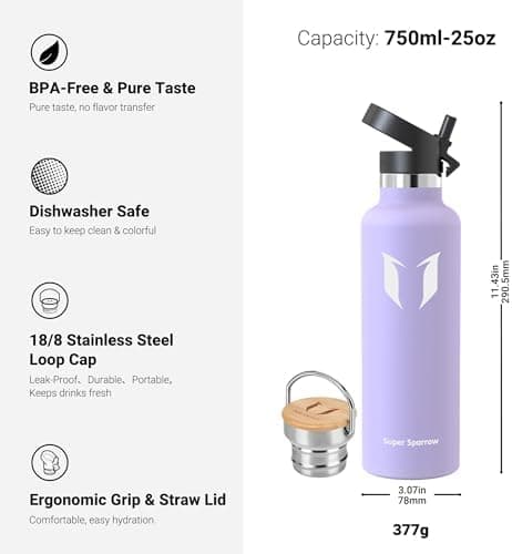 Super Sparrow Trinkflasche Edelstahl - Auslaufsicher Thermoskanne - Kinder für Sprudel, Sport, Schule, Fitness - 500ml -
