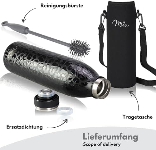 Milu Edelstahl Trinkflasche für Erwachsene – 750ml Isolierflasche zum Tragen – auslaufsicher, Kohlensäuregerecht inkl. R