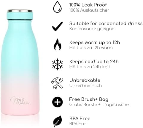 Milu Edelstahl Trinkflasche für Erwachsene – 750ml Isolierflasche zum Tragen – auslaufsicher, Kohlensäuregerecht inkl. R