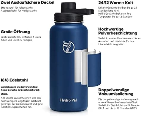 HydroPal Edelstahl Trinkflasche - Isolierte Flasche mit Strohhalm & 2 Deckeln, Auslaufsichere Isolierung für Sport, 500m