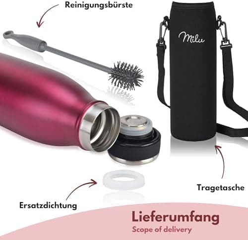 Milu Edelstahl Trinkflasche für Erwachsene – 750ml Isolierflasche zum Tragen – auslaufsicher, Kohlensäuregerecht inkl. R