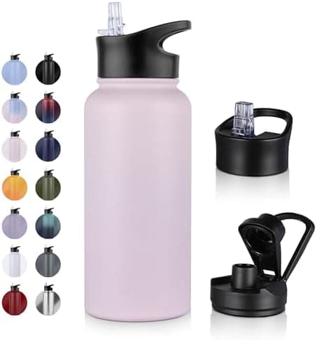 Edelstahl Trinkflasche - 1L - mit Strohhalm, BPA frei Thermosflasche,Vakuum Doppelwandisolierung für Sport,Schule und Fa