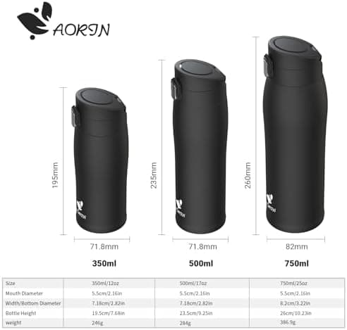 AORIN Trinkflasche Edelstahl 18/8, 500ml, BPA-Frei, Doppelwandig Isolierflasche für Sport, Schule und Outdooraktivitäten