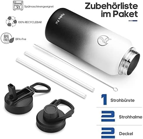HydroPal Edelstahl Trinkflasche - Isolierte Flasche mit Strohhalm & 2 Deckeln, Auslaufsichere Isolierung für Sport, 500m