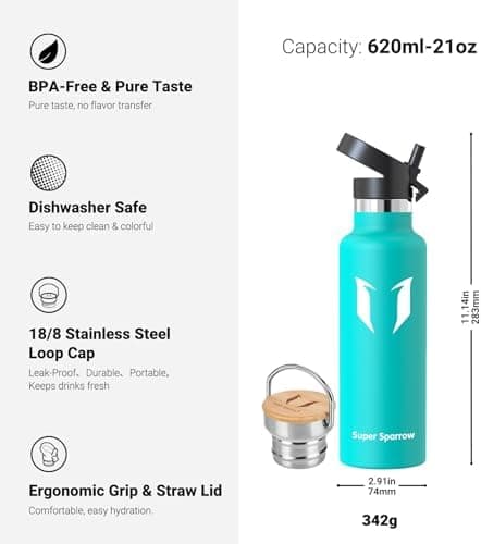 Super Sparrow Trinkflasche Edelstahl - Auslaufsicher Thermoskanne - Kinder für Sprudel, Sport, Schule, Fitness - 500ml -