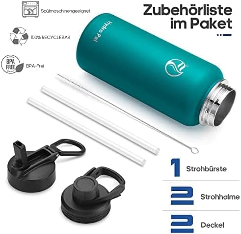 HydroPal Edelstahl Trinkflasche - Isolierte Flasche mit Strohhalm & 2 Deckeln, Auslaufsichere Isolierung für Sport, 500m