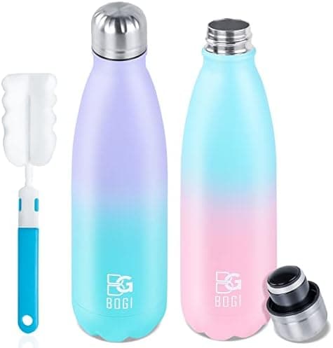 BOGI Doppelwandige Thermosflasche Edelstahl Trinkflasche Kinder Trinkflasche Schule Himmelblau Pink