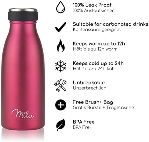 Milu Edelstahl Trinkflasche für Erwachsene – 750ml Isolierflasche zum Tragen – auslaufsicher, Kohlensäuregerecht inkl. R