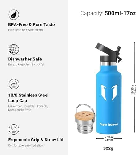 Super Sparrow Trinkflasche Edelstahl - Auslaufsicher Thermoskanne - Kinder für Sprudel, Sport, Schule, Fitness - 500ml -