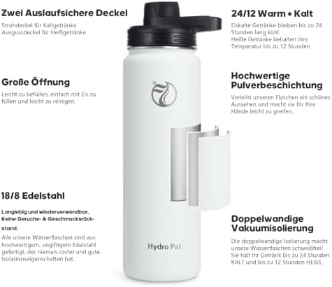 HydroPal Edelstahl Trinkflasche - Isolierte Flasche mit Strohhalm & 2 Deckeln, Auslaufsichere Isolierung für Sport, 500m