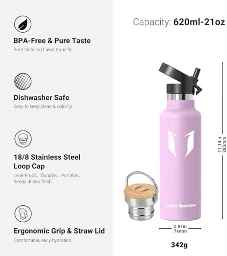 Super Sparrow Trinkflasche Edelstahl - Auslaufsicher Thermoskanne - Kinder für Sprudel, Sport, Schule, Fitness - 500ml -
