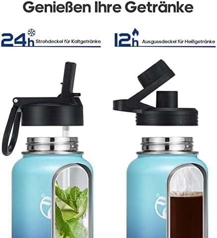 HydroPal Edelstahl Trinkflasche - Isolierte Flasche mit Strohhalm & 2 Deckeln, Auslaufsichere Isolierung für Sport, 500m