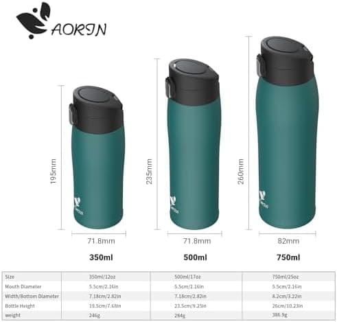 AORIN Trinkflasche Edelstahl 18/8, 500ml, BPA-Frei, Doppelwandig Isolierflasche für Sport, Schule und Outdooraktivitäten
