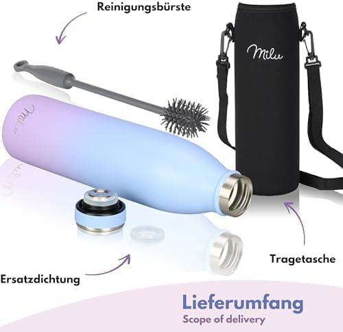 Milu Edelstahl Trinkflasche für Erwachsene – 750ml Isolierflasche zum Tragen – auslaufsicher, Kohlensäuregerecht inkl. R