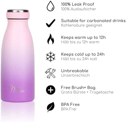Milu Edelstahl Trinkflasche für Erwachsene – 750ml Isolierflasche zum Tragen – auslaufsicher, Kohlensäuregerecht inkl. R