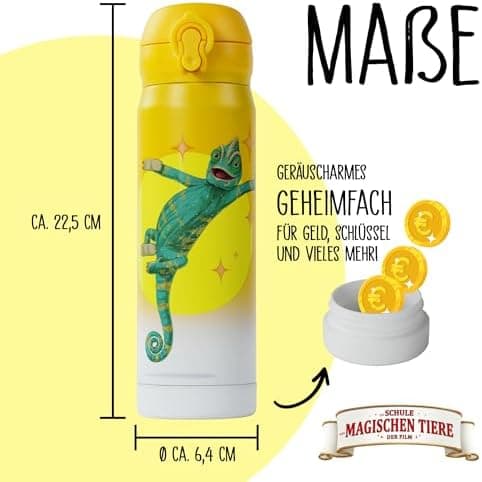 AWAVE Schule Magische Tiere Trinkflasche Kinder Edelstahl 380ml Blau Kohlensäure geeignet Thermosflasche Juri Einhandöff