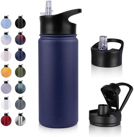 Edelstahl Trinkflasche - 1L - mit Strohhalm, BPA frei Thermosflasche,Vakuum Doppelwandisolierung für Sport,Schule und Fa