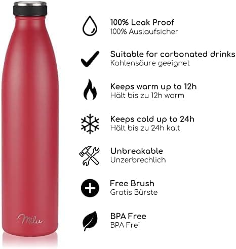 Milu Edelstahl Trinkflasche für Erwachsene – 750ml Isolierflasche zum Tragen – auslaufsicher, Kohlensäuregerecht inkl. R