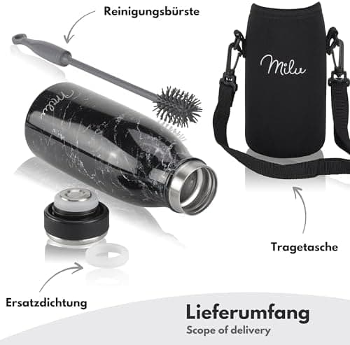 Milu Edelstahl Trinkflasche für Erwachsene – 750ml Isolierflasche zum Tragen – auslaufsicher, Kohlensäuregerecht inkl. R