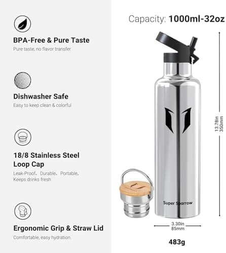 Super Sparrow Trinkflasche Edelstahl - Auslaufsicher Thermoskanne - Kinder für Sprudel, Sport, Schule, Fitness - 500ml -