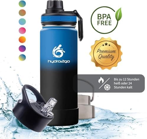 hydro2go Edelstahl Trinkflasche Mit Strohhalm, Bpa-Frei, Isolierflasche Für Kinder, Sport & Outdoor, 12h Heiß 24h Kalt H