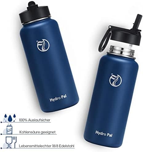 HydroPal Edelstahl Trinkflasche - Isolierte Flasche mit Strohhalm & 2 Deckeln, Auslaufsichere Isolierung für Sport, 500m