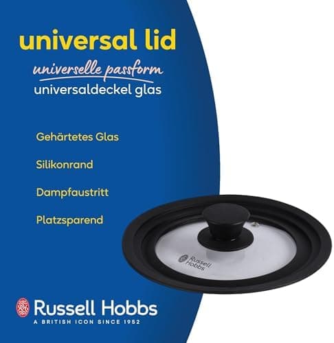 Russell Hobbs Universaldeckel aus gehärtetem Glas für 16-20cm Töpfe + Dampfaustritt + Silikonrand + Durchsichtig