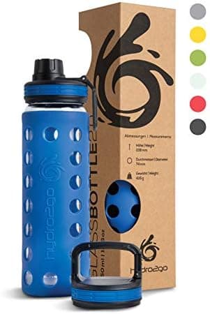 Hydro2go Glas-Trinkflasche mit Silikonhülle – Spülmaschinenfest, 100% Auslaufsicher & BPA-frei – Ideal für Kinder & Fami