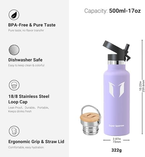Super Sparrow Trinkflasche Edelstahl - Auslaufsicher Thermoskanne - Kinder für Sprudel, Sport, Schule, Fitness - 500ml -
