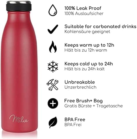 Milu Edelstahl Trinkflasche für Erwachsene – 750ml Isolierflasche zum Tragen – auslaufsicher, Kohlensäuregerecht inkl. R