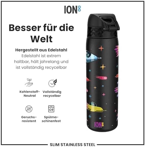 ion8 Leicht Stahl-Trinkflasche, 600 ml, Auslaufsicher, EineHandöffnung, Verriegelungsfunktion, Spülmaschinenfest, Klappd