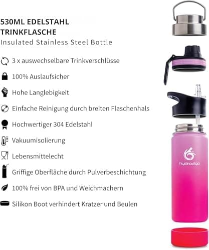 hydro2go Edelstahl Trinkflasche Mit Strohhalm, Bpa-Frei, Isolierflasche Für Kinder, Sport & Outdoor, 12h Heiß 24h Kalt H
